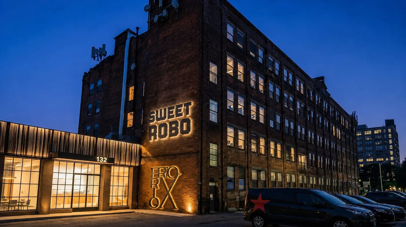 Hauptsitz von Sweet Robo mit dem beleuchteten Sweet-Robo-Schild